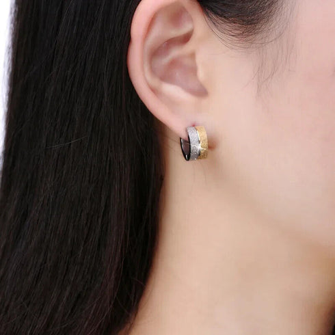 2 Tone Titanium Frosted Wide Gold Silver Hypoallergenic Men Women Hoop Earrings